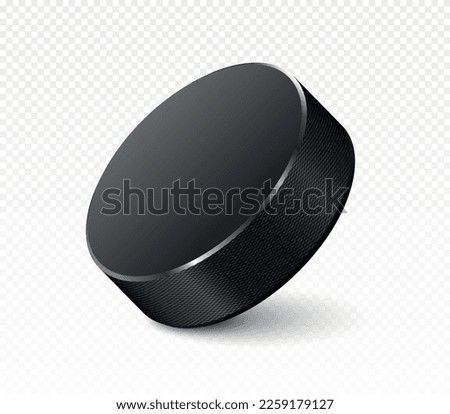 Realistic hockey puck. Black metal object on copy space. Team and gra and sport, active lifestyle. Tournament and competition. 3D vector illustration isolated on transparent background