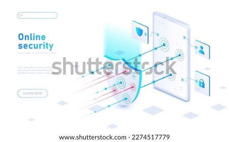 Online security concept. Shield in front of smartphone screen stops threats and hacks. Antivirus program to prevent hacker attacks. Safety of personal data. Cartoon isometric vector illustration