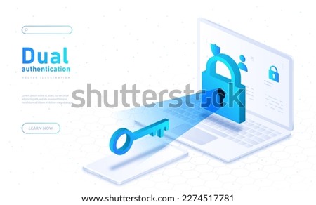 Dual authentication concept. Protecting your account and profile, personal data and information. Key opens lock on laptop screen. Authorization on website. Cartoon isometric vector illustration