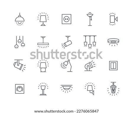 Lamps icons outline set. Electric chandelier for ceiling and socket. Home decoration, illumination. Collection of light sources. Cartoon flat vector illustrations isolated on white background
