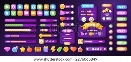 Ui interface set. Game or program. Collection of progress or loading bars. Options and settings, authorization. Play, start and next. Cartoon flat vector illustrations isolated on black background