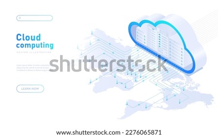 Cloud computing white banner. Electronic archive and information storage. Data transmission and protection on Internet, wireless connection. Landing page. Cartoon isometric vector illustration