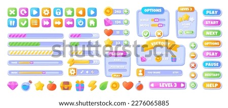 Ui interface set. Collection of graphic elements for game or mobile app. Settings and menus. Progress bars, new level and settings. Cartoon flat vector illustrations isolated on white background