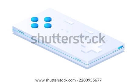 Video games console. Joystick or controller for enjoying and playing arcade and video games on computer or gaming station. Gadget and device. Cartoon isometric vector illustration