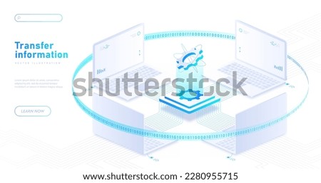 Transfer of information banner. Cloud service, electronic archive or storage on Internet. Remote access and connections. Linked four notebooks at landing page. Cartoon isometric vector illustration