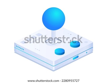 Video games console. Joystick, controller or gamepad. Gadget with blue lever and two buttons. Gadget for video games and arcades. Template and mock up. Cartoon isometric vector illustration
