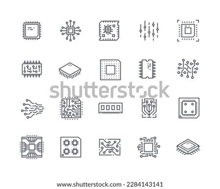 Chips icons outline set. Innovations and modern technologies. Processor for computer or laptop, server. Electronic storage or archive. Cartoon flat vector illustrations isolated on white background