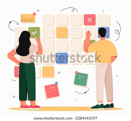 Booking date concept. Man and woman hang multicolored sheets of paper on board, mark dates on calendar. Organization of effective workflow and time management. Cartoon flat vector illustration