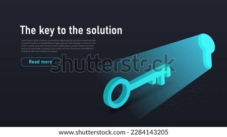 Key to solution. Business metaphor for problem solving. Startup and project, innovation. Decision to unlock corporate challenge and way to success. Landing page. Cartoon isometric vector illustration