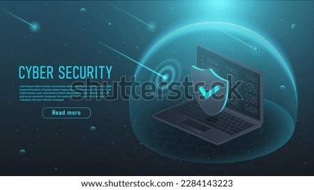 Isometric cyber security. Shield next to laptop, antivirus. Internet security and hacking prevention. Malware system privacy, firewall. Data and information secure. Cartoon 3d vector illustration