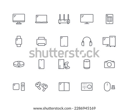 Devices linear outline icons set. Collection of graphic elements for website. Radio, camera and bluetooth speaker, wifi router, printer. Collection of flat vector illustrations isolated on white