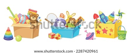 Set of kids toy box. Containers with objects for children play in kindergarten. Doll, guitar, ball, teddy bear. Donation to orphanage. Cartoon flat vector collection isolated on white background