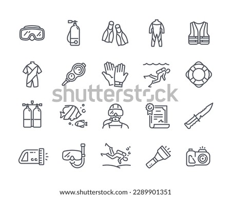 Diving line icons set. Masks, fins, suit and gloves. Oxygen tanks, flashlight, life buoy and knife. Extreme sport and dangerous work. Linear simple vector illustrations isolated on white background