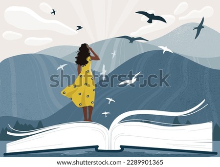 Book festival concept. Woman stand and look at birds next to mountains. Fantasy, dream and imagination. Fiction literature. International holiday. Reading and writing. Cartoon flat vector illustration