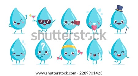 Water drops set. Fluid collection with sunglasses, book, dumbbells and heart. Cute aqua characters. Stickers for social networks. Cartoon flat vector illustrations isolated on white background
