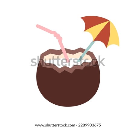 Summer beverage icon. Sticker with refreshing cocktail of exotic fruits in coconut with umbrella. Delicious tropical drink or dessert. Cartoon flat vector illustration isolated on white background