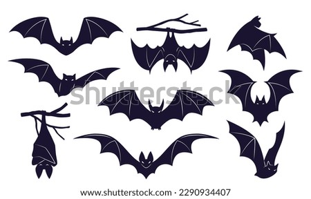 Bats horror set. Sticker with black mouse for Halloween decorations. Simple icon with animal from different sides flies, hangs, sleep. Cartoon flat vector collection isolated on white background