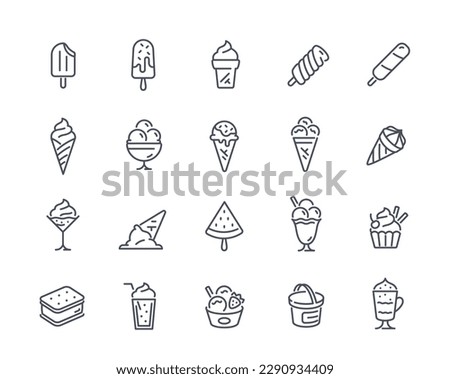 Ice cream icons. Frozen desserts set of chocolate vanilla, strawberry, and watermelon balls. Doodle sketch for apps, social media and websites. Liner vector collection isolated on white background