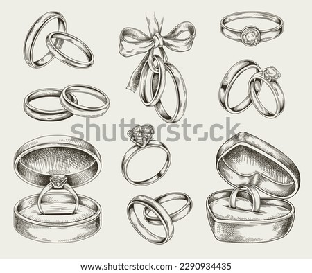 Wedding rings sketch set. Couple symbols of love. Jewelry marriage proposal, for bride and groom. Black illustrations with valuable diamonds. Hand drawn vector collection isolated on white background Сток-фото © 