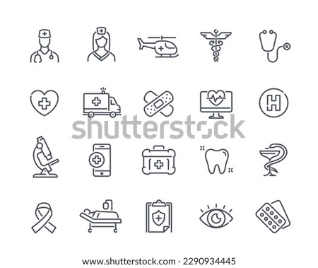 Medical icons set. Linear elements for applications, social media image of ambulance, hospital, science. Dentistry, healthcare concept. Line art flat vector collection isolated on white background