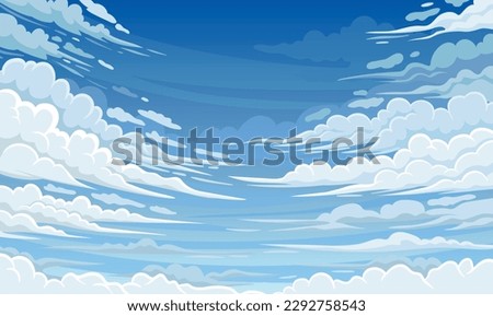 Sky clouds background. Nice anime backdrop. Natural landscape, scene for video game and arcade. Heavens with bright weather in summer or spring. Japanese style banner. Cartoon flat vector illustration