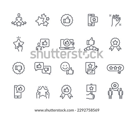 Rating line icons set. User feedback and opinion. Emoji and laptop with stars and thumbs up. Customer satisfaction and performance review. Linear simple vector collection isolated on white background
