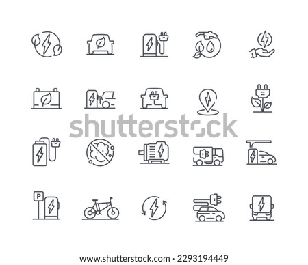 Electro car outline icons set. Car, truck and bike. Electric refills and plug. Sustainable lifestyle and alternative energy sources. Cartoon flat vector illustrations isolated on white background