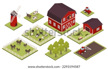 Isometric farm set. House, barn and pens with animals, windmill and field. Cattle, oats and horses and trees. Farming and agriculture. Cartoon 3D vector illustrations isolated on white background