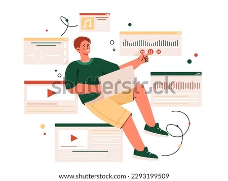 Man with music video. Young guy with laptop sits and watches interesting content on Internet. Character with audio files, favorite songs and playlist. Cartoon flat vector illustration
