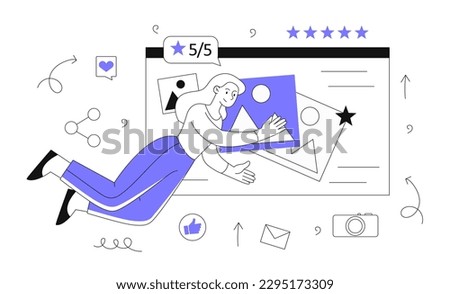 Content creator concept. Woman develops graphic elements for website, fills pages with articles. Freelancer and designer, SEO specialist with image. Cartoon flat vector illustration