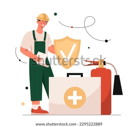 Work safety concept. Man in uniform and protective helmet stands with box of tools and documents. Employee life and health insurance and protection. Cartoon flat vector illustration
