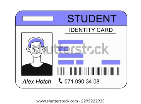 Student ID card. Verification of identity and phone number, Alex Hotch. Blue pass to university or college, school. Security and protection. Cartoon flat vector illustration