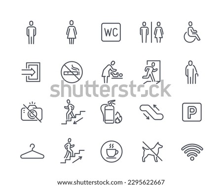 Set of toilet line icons. Parking signs, no smoking zones, camera and dogs. Man and woman WC. WiFi and fire extinguisher, entrance. Line art flat vector collection isolated on white background