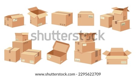 Cardboard boxes set. Collection of packages for transporting goods. Shipping and transportation. Delivery of parcels or postal service. Cartoon flat vector illustrations isolated on white background