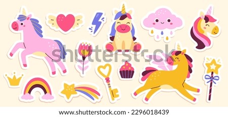 Set of unicorns. Collection of stickers for social networks. Rainbow, heart and cloud, magic wand with star. Crown, key and cupcake. Cartoon flat vector illustrations isolated on yellow background