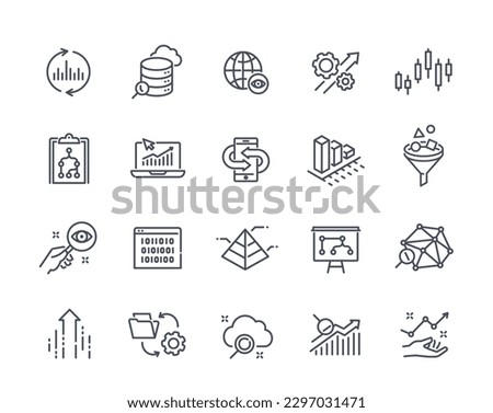 Data analysis icons. World economy set. Simple charts, traffic and graphs in line art style. Internet, speed and information concept. Black linear flat vector collection isolated on white background