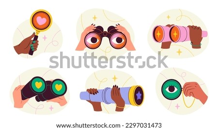 Icons with binoculars. Hands holding magnifying glass, kaleiloscope, monocle and telescope. Concept of searching and looking into future. Cartoon flat vector collection isolated on white background