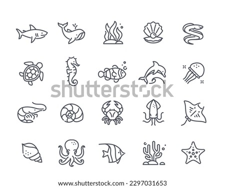 Sea inhabitants icons. Black and white set with fish, shark, squid, octopus, whale, jellyfish and turtle. Line art stickers with seafood. Linear flat vector collection isolated on white background