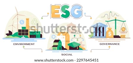 Concept of ESG. Environmental, social, governance. Ethical rules and business principles. Sustainable and ecological production and corporate buildings. Cartoon flat vector illustration