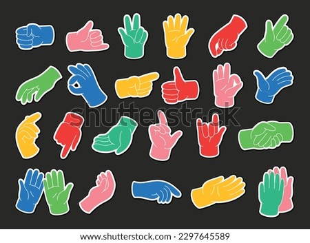 Set of doodle hands. Multicolored stickers for social network with different arm or palm gestures. Okay, high five, peace. Body language. Cartoon flat vector illustrations isolated on black background