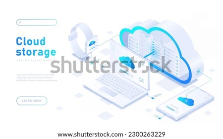 Cloud storage white banner. Information exchange on Internet, electronic archive or personal data storage. Connected laptop, smartphone and smart watch, synchronization. Isometric vector illustration