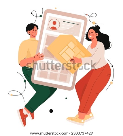 People with SIM card. Man and woman with chip near smartphone with eSIM. Mobile communication and internet. Digital mobile technology for calls. Cartoon flat vector illustration