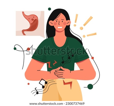 Grunting and pain. Young girl stands and holds her stomach with her hands. Disease and illness of digestive system. Growling abdomen concept. Cartoon flat vector illustration