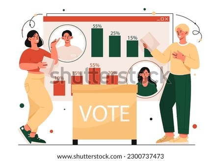 Election results concept. Man and woman vote in referendum. Poll and opinion of citizens, democracy. Two election observers helps counting results. Cartoon flat vector illustration