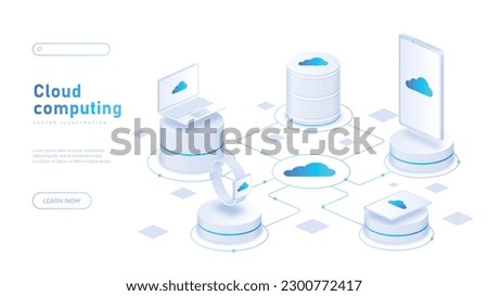 Cloud computing white banner. Device sync and wireless connection. Smart watch, laptop, smartphone, tablet and bluetooth speaker with access to cloud storage. Cartoon isometric vector illustration