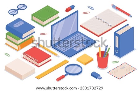 Isometric stationery set. Collection of pens and pencils with laptop, school and office supplies. Magnifying glass, ruler and books. Cartoon 3D vector illustrations isolated on white background
