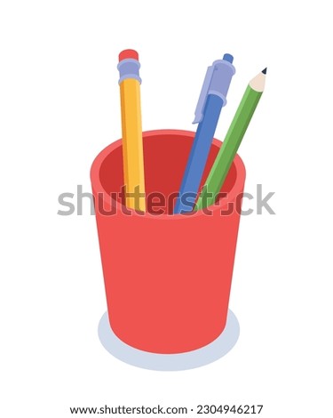 Isometric pen and pencil. School and office supplies, stationery. Inventory for drawing and writing, creativity and art. Cartoon 3D vector illustration isolated on white background