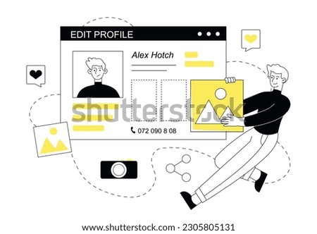 Edit your profile concept. Man develops graphic elements for social media website, fills in information about himself. Template, layout and mock up. Linear flat vector illustration