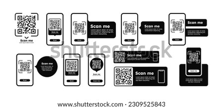 QR code on phone set. Screen of smartphone with barcode pack. Modern technologies and digital world. Identification of goods for store or market. Flat vector collection isolated on white background