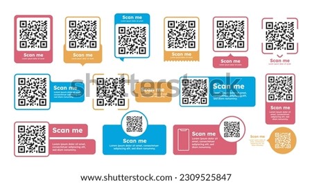 QR code color set. Shortened link to webpage. Barcodes with text scan me. Marketing and electronic commerce. Poster or banner for website. Flat vector collection isolated on white background